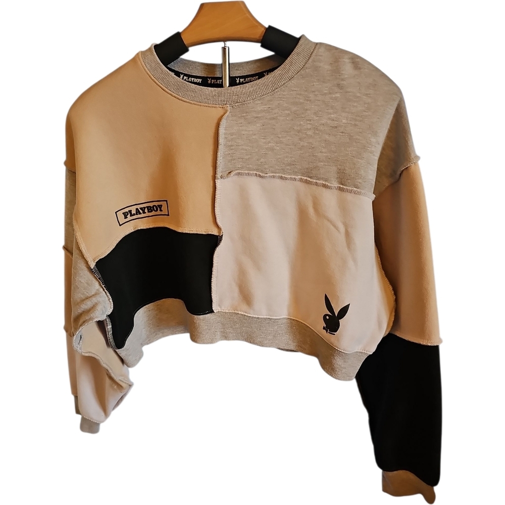 Y2K PLAYBOY Women's Patchwork Cropped Hoodie - Black, Cream, Tan